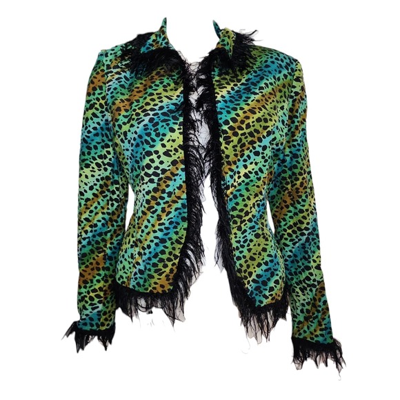 Anthracite Sweaters - Anthracite‎ Cardigan Size 6 Blue Green Animal Print 100% Silk Fringe Colorful